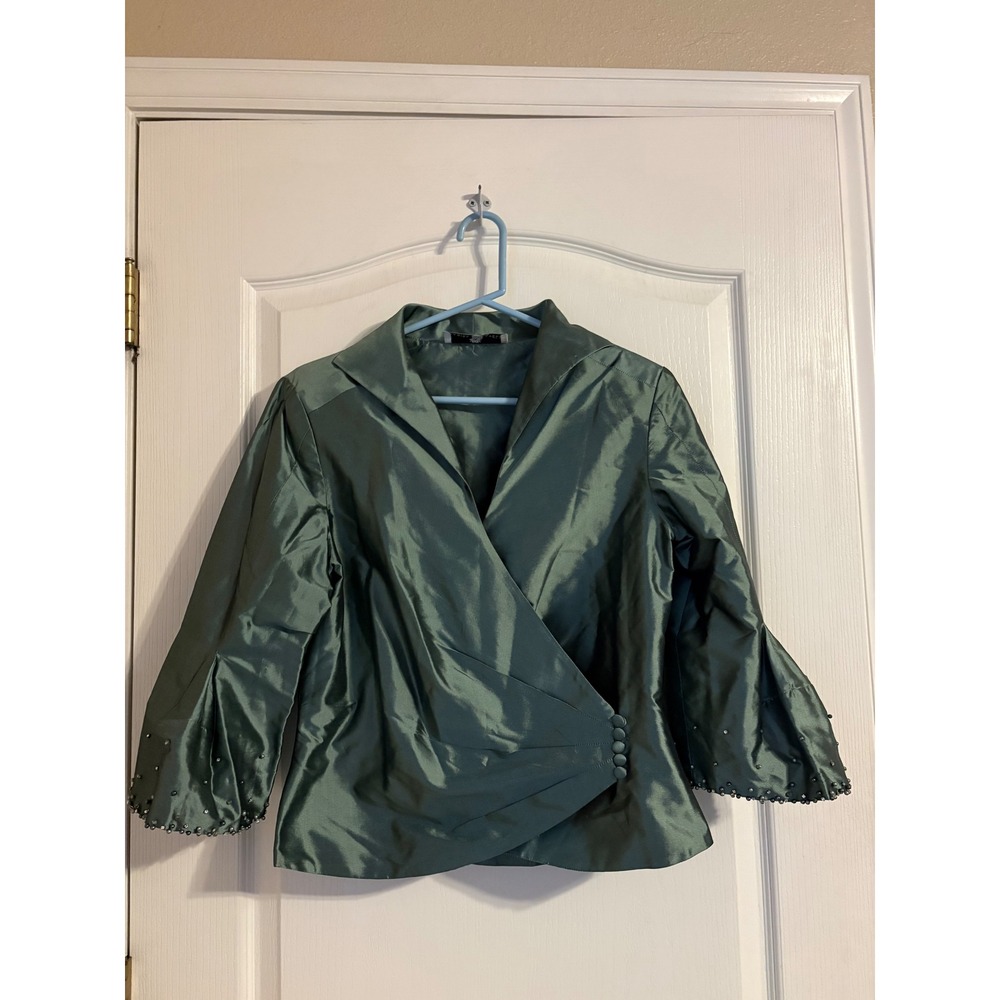 Marisa Baratelli Wrap Top Womens Thai Silk Green Excellent Beaded Bell Sleeve